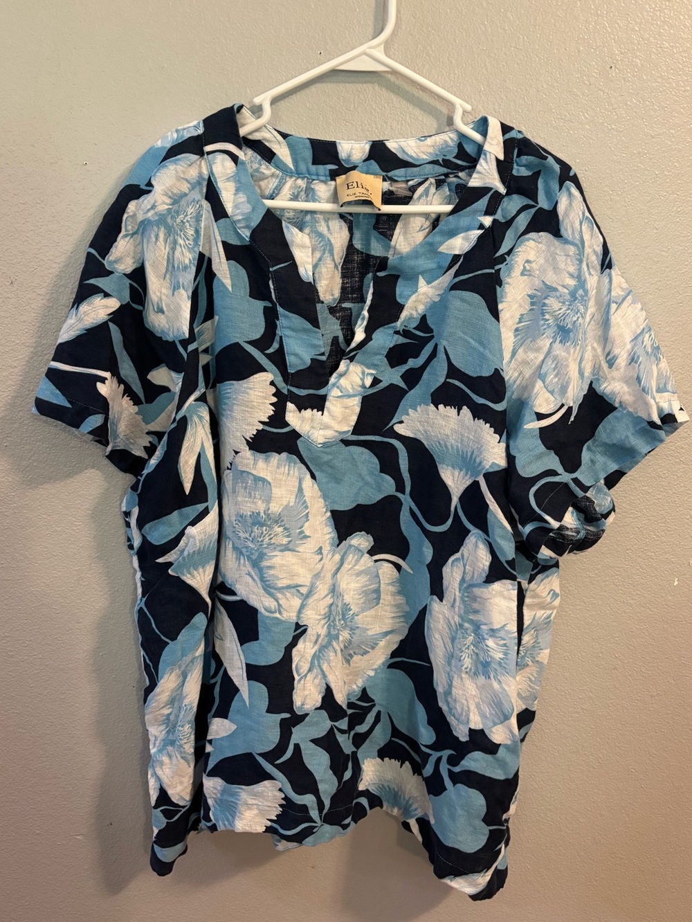 Elie Tahari Woman Blue Floral 100% Linen Split Neck Tunic Top Plus Size 2X